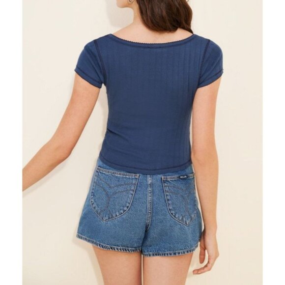 Free People Intimately End Game Pointelle Baby Tee Navy Blue Scoop Neck Large - Picture 2 of 10